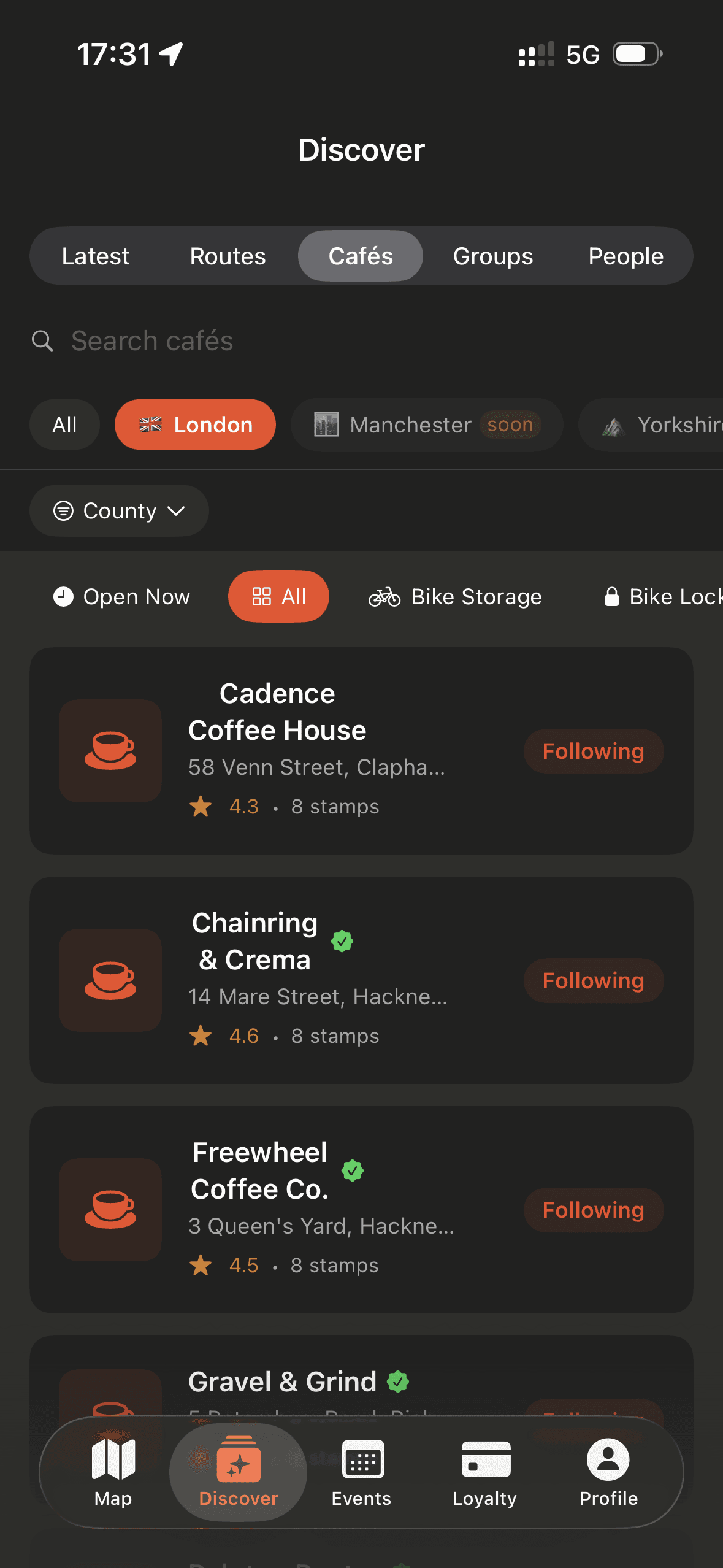 Bike-friendly cafés near you in the Draaft app