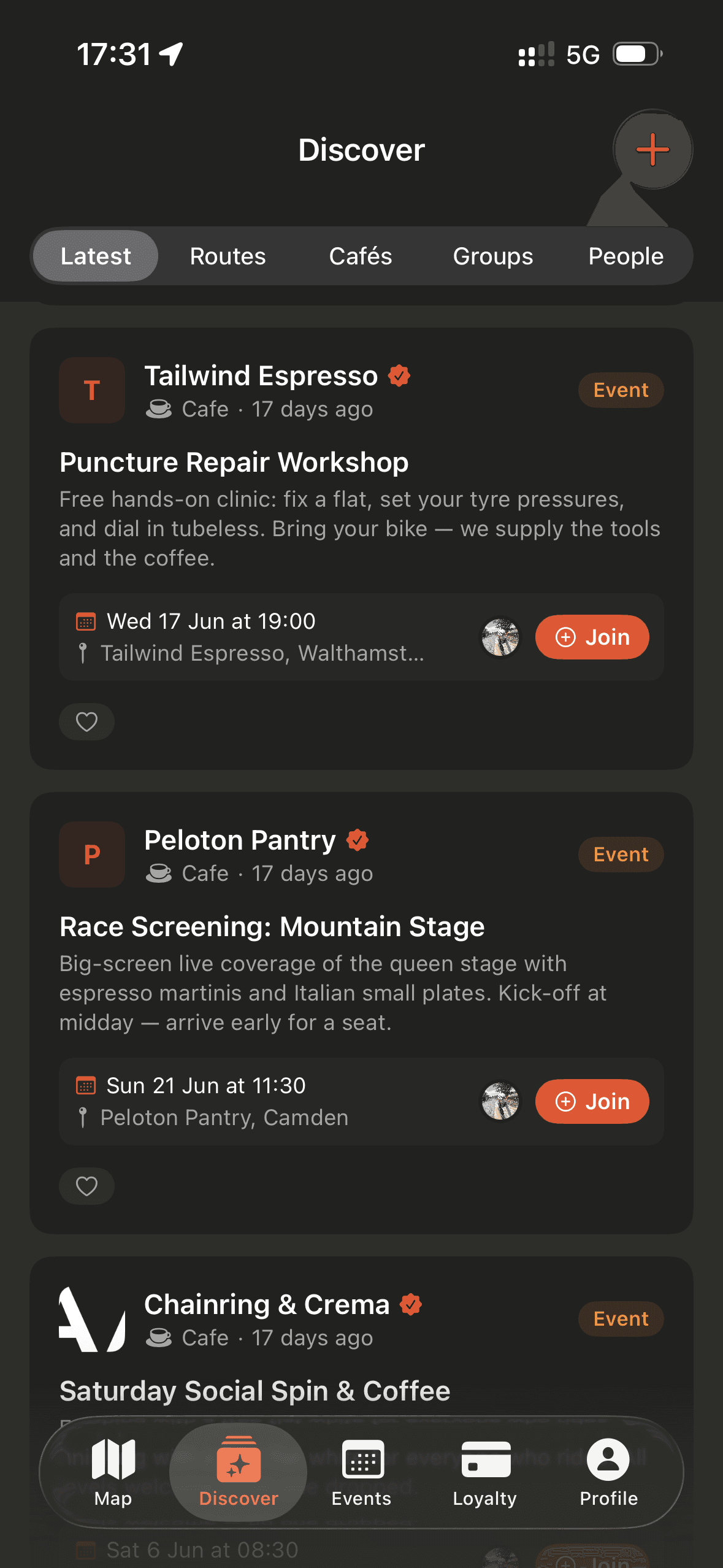 The Draaft feed showing café posts and events