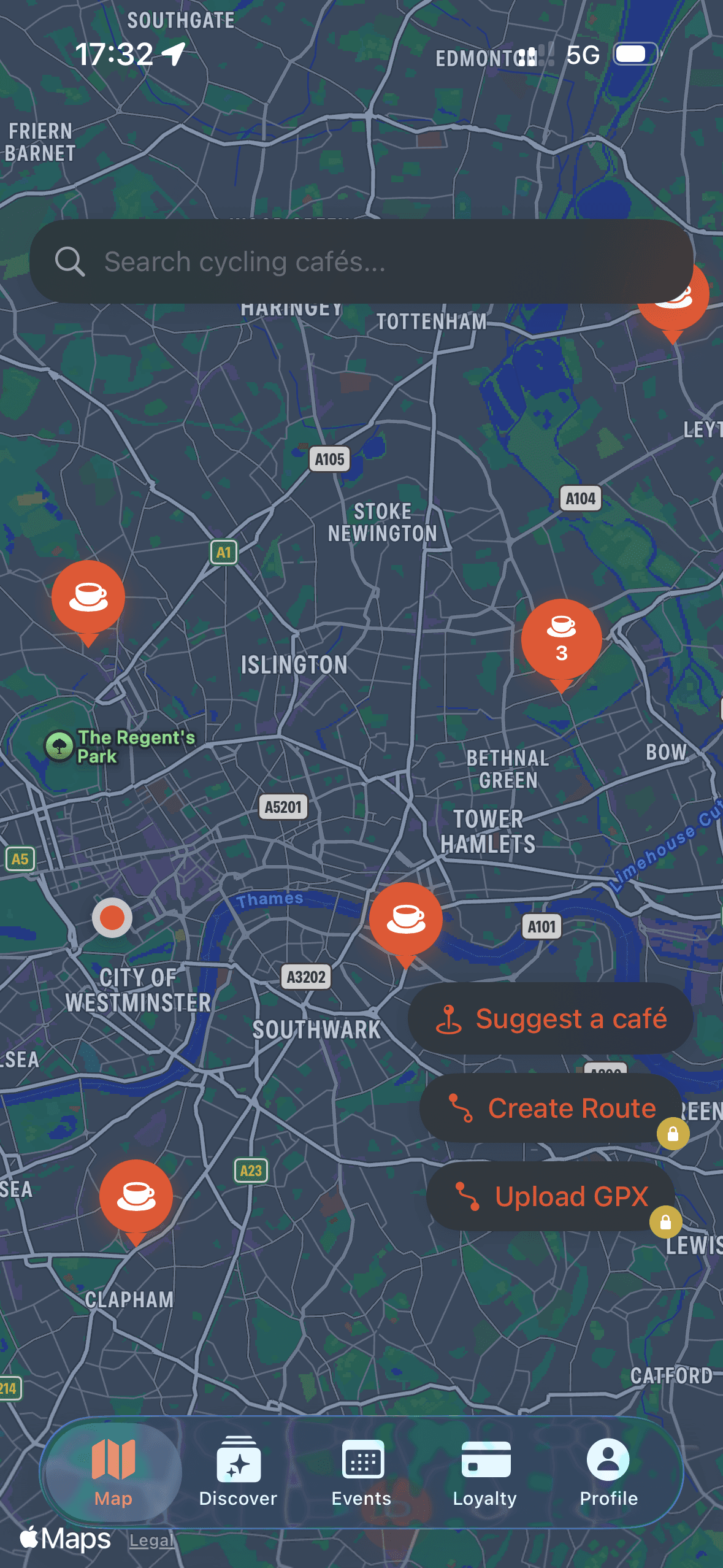 The Draaft cycling map showing café pins