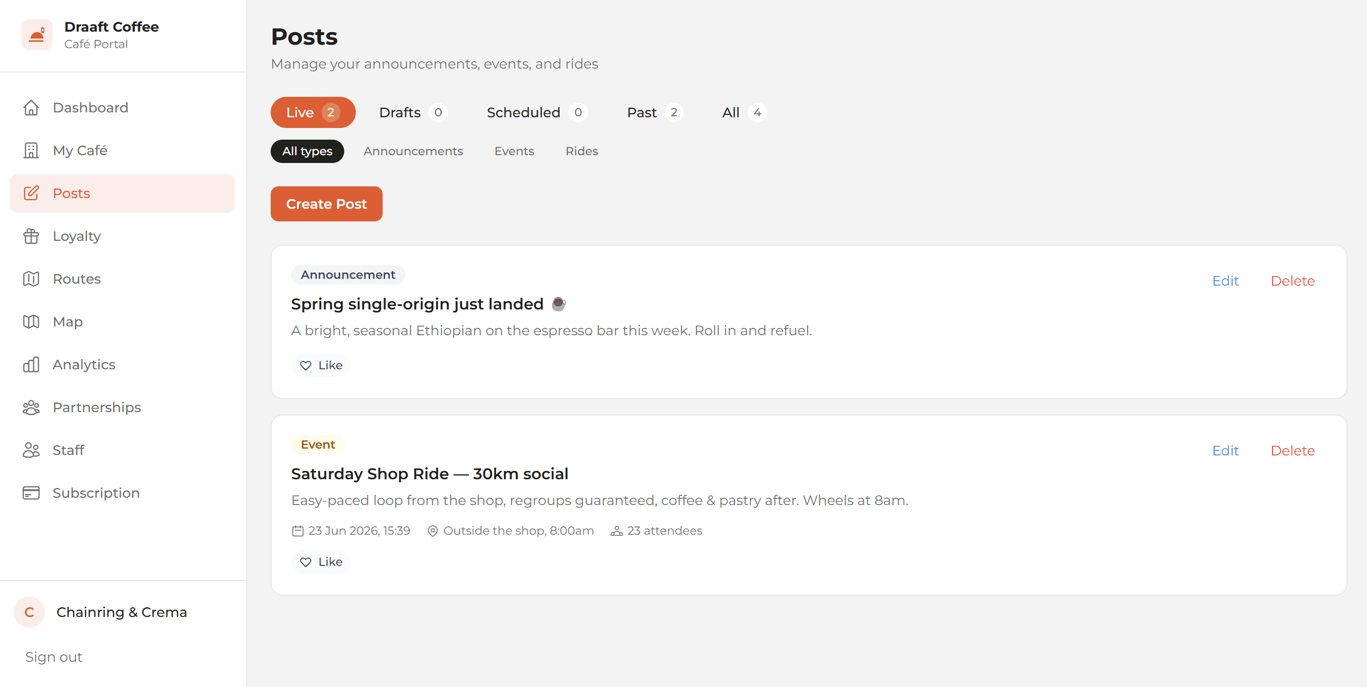 The Draaft café portal — managing posts, events and rides