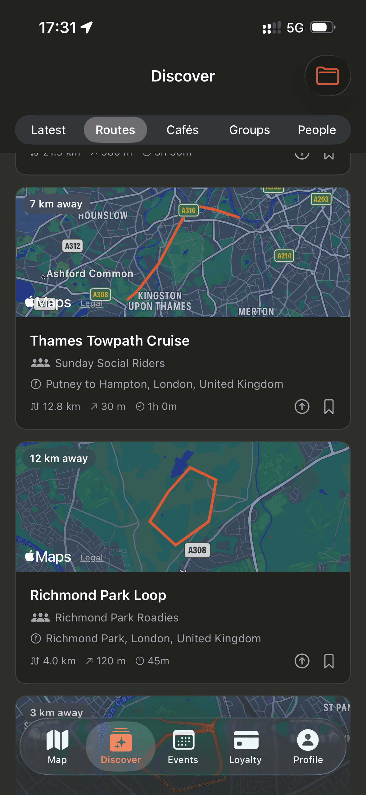 The Draaft routes screen showing saved cycling routes